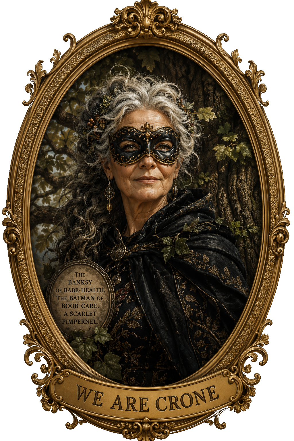The Crone, a masked older woman framed in gold with the words We Are Crone